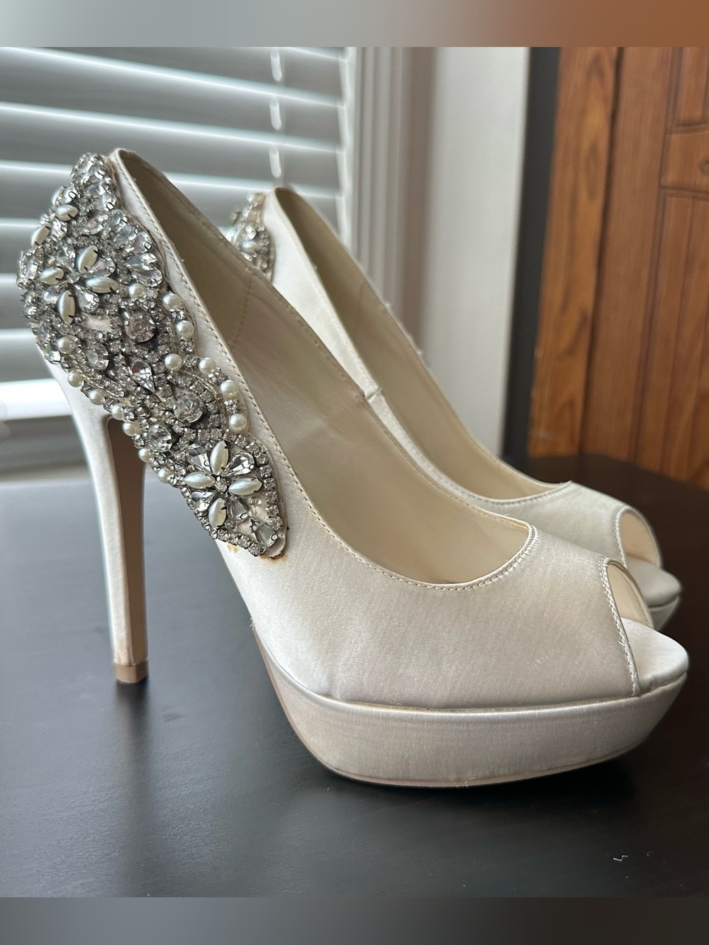 Paradox London Pink Satin Ivory Peep-Toe Platform Heels with Crystal Trim